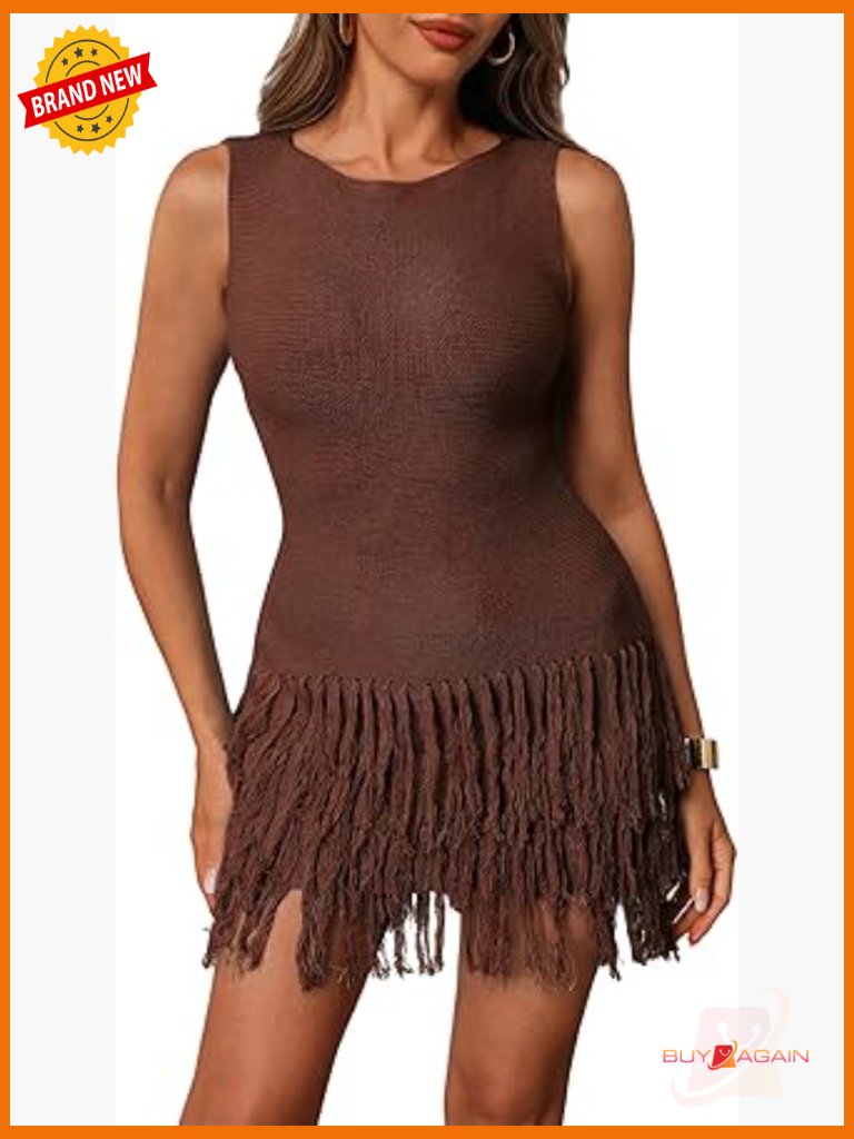 Fringe Sleeveless Mini Dress Bodycon Crew Neck Knit Party Club Dress